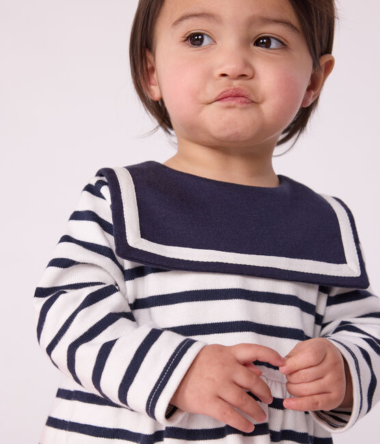 Robe marinière bébé en coton épais manches longues blanc MARSHMALLOW/bleu SMOKING