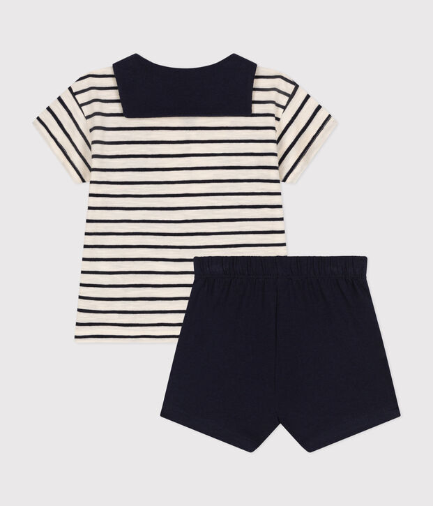 Setje met een T-shirt en short van jersey voor baby's ecru/blauw