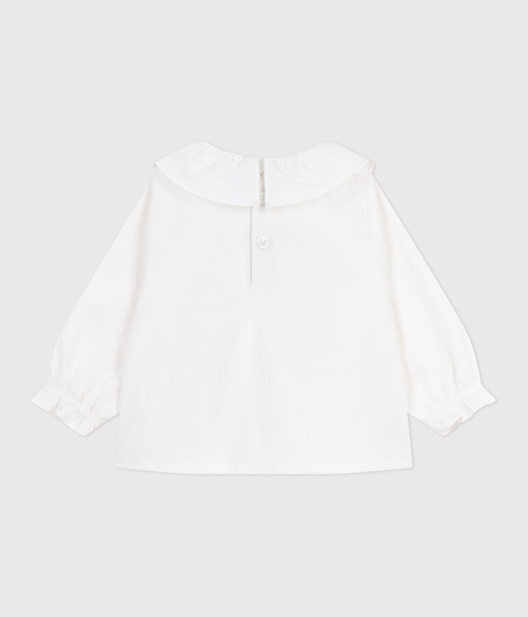 Blouse b&eacute;b&eacute; en popeline de coton manches longues, &agrave; col et brod&eacute;e blanc