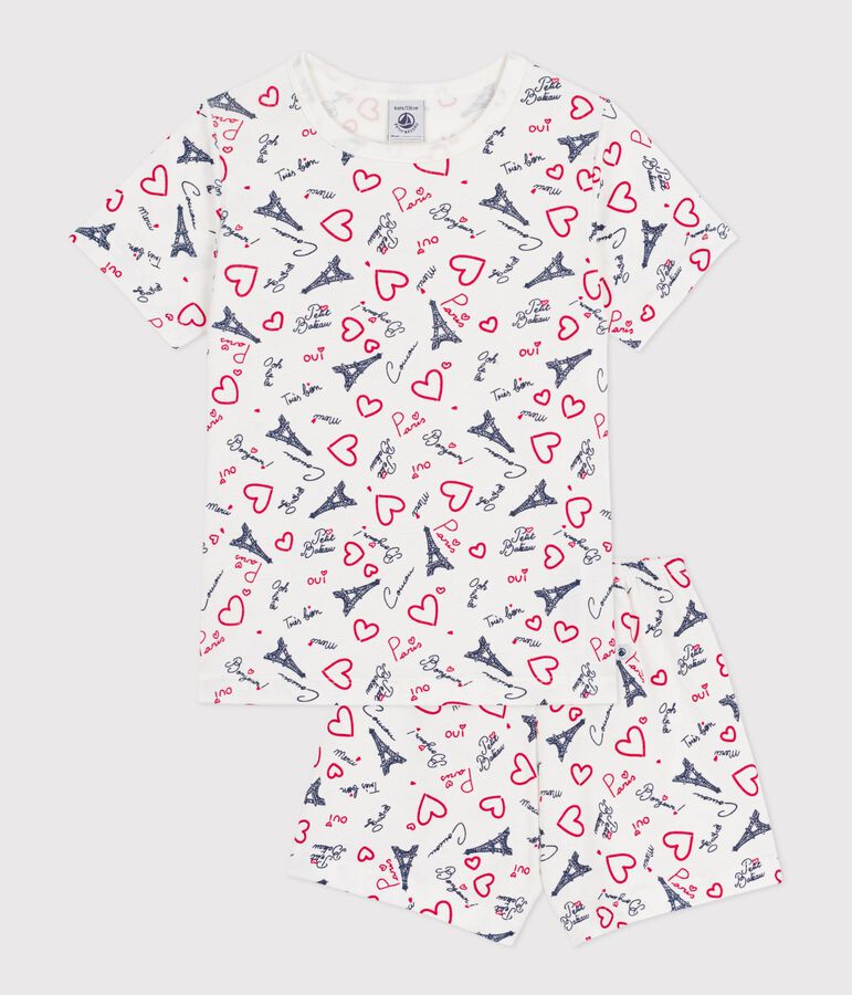 Korte katoenen kinderpyjama met Parijs-print wit/multicouleur