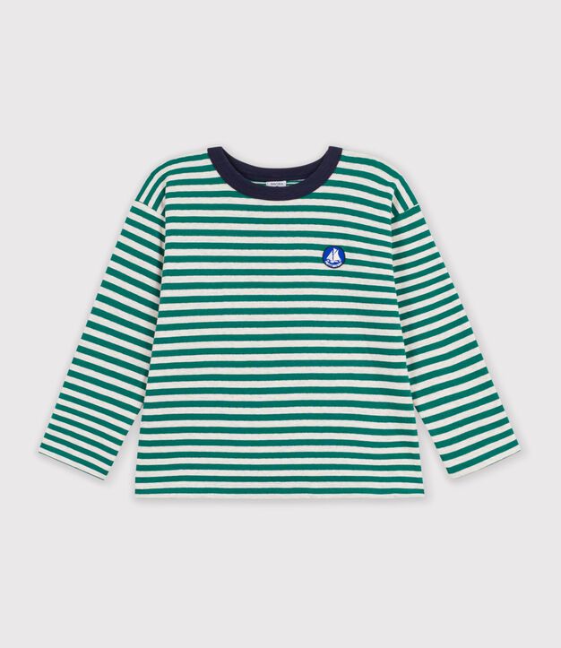 Katoenen T-shirt met lange mouwen en strepen voor kinderen groen/beige/groen