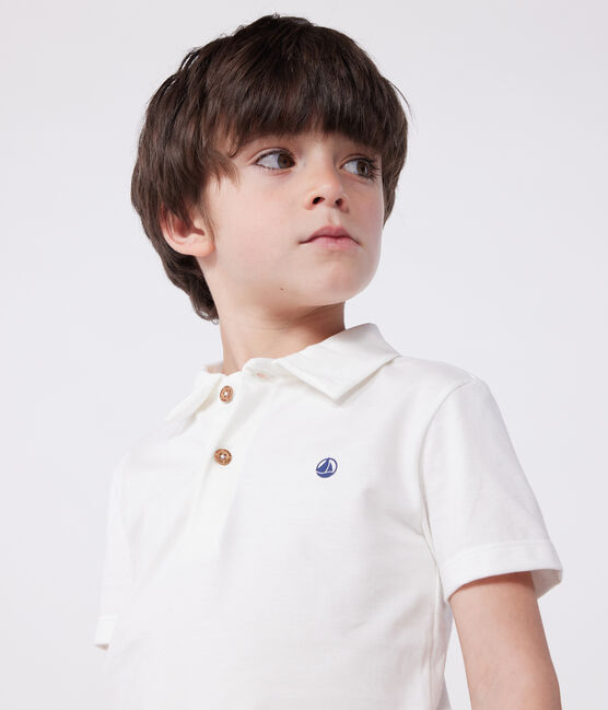 Effen katoenen polo met korte mouwen voor kinderen wit MARSHMALLOW