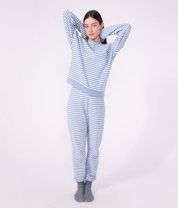 Pyjama femme en coton &eacute;ponge &agrave; rayures bleu/&eacute;cru