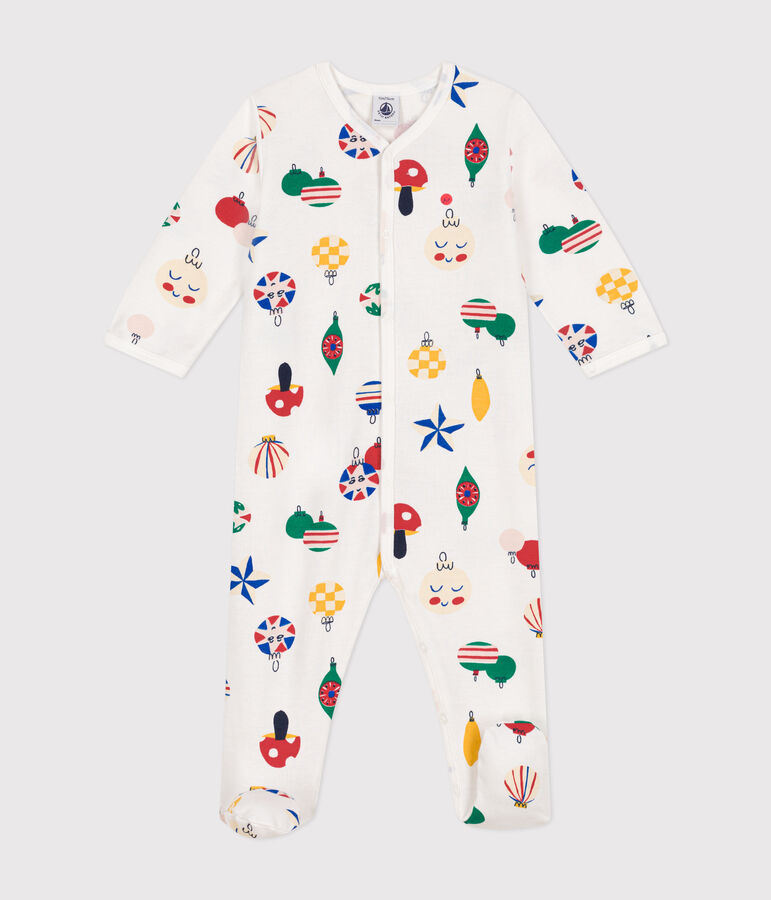 Babypyjama van geruwde fleece met kerstballenprint wit/multicouleur