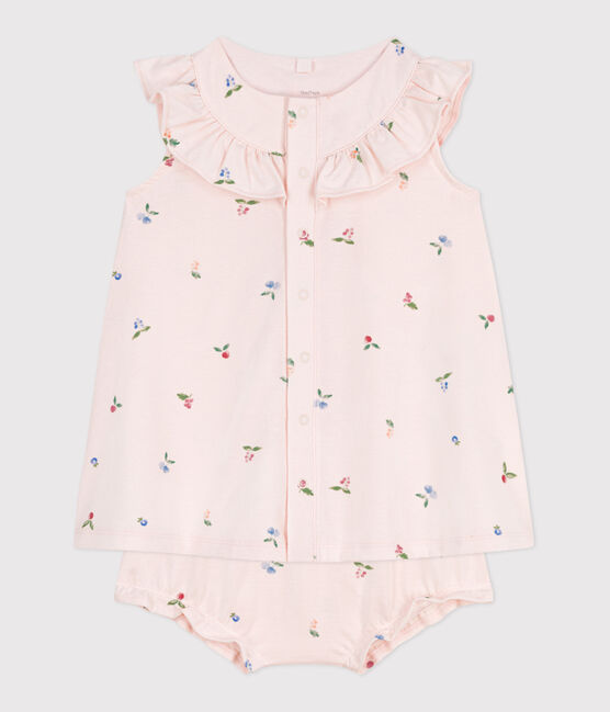 Katoenen babyjurkje met korte mouwen en bloomer met vruchtenprint roze FLEUR/wit MULTICO