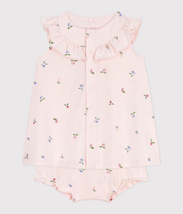 Katoenen babyjurkje met korte mouwen en bloomer met vruchtenprint roze/multicouleur