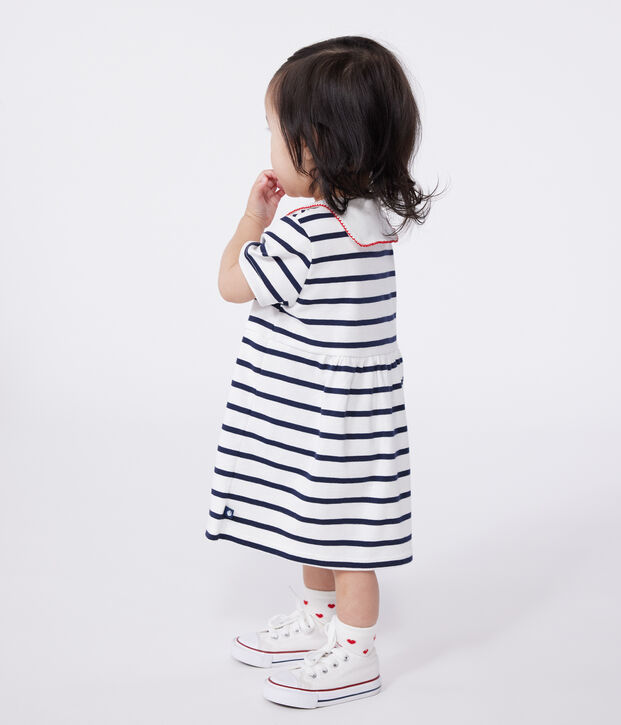 Robe marini&egrave;re b&eacute;b&eacute; en coton manches courtes et col vareuse blanc/bleu