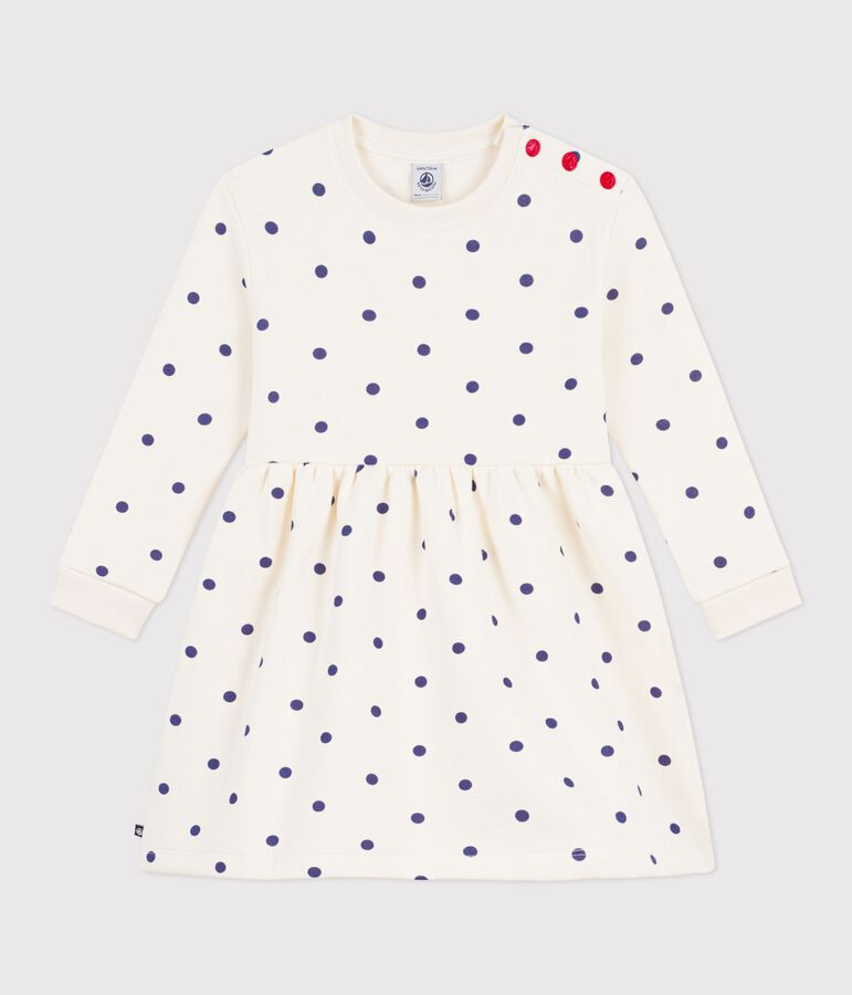 Robe enfant manches longue en coton imprim&eacute;e pois bleu/bleu