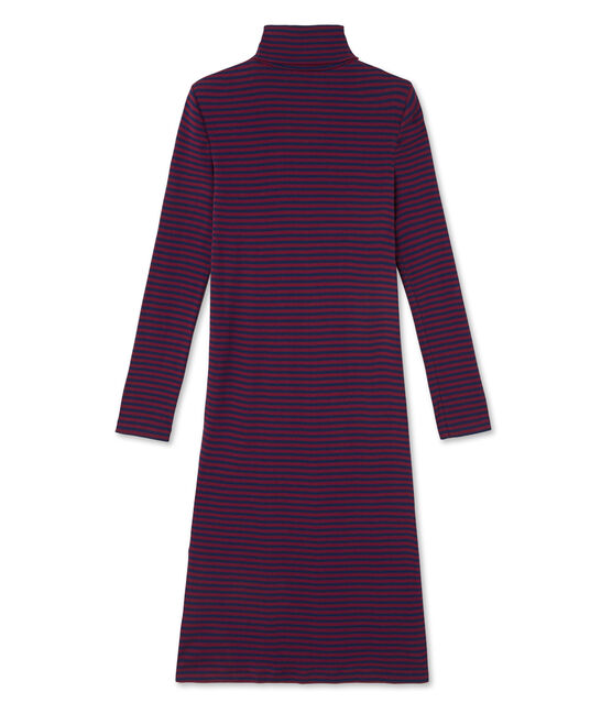 Gestreepte damesjurk met rolkraag in ultralicht katoen rood CLAFOUTI/blauw MEDIEVAL