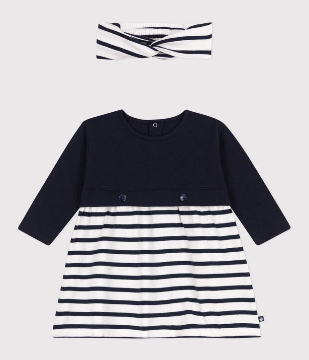 Jurkje met lange mouwen van tubic en katoen en bijpassende haarband van ribstof voor baby's multicouleur