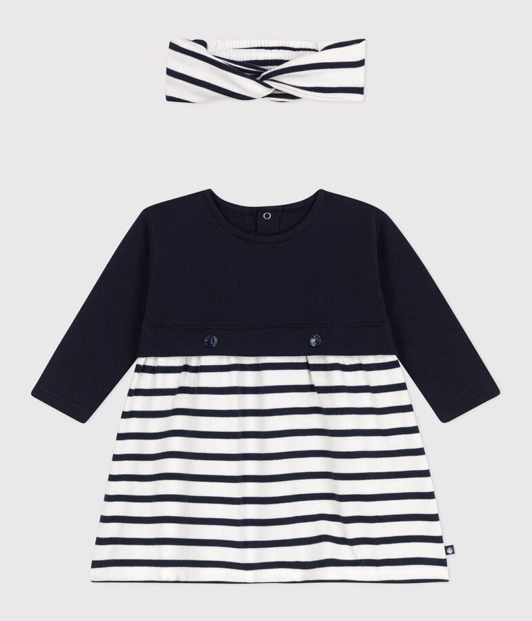 Jurkje met lange mouwen van tubic en katoen en bijpassende haarband van ribstof voor baby's multicouleur