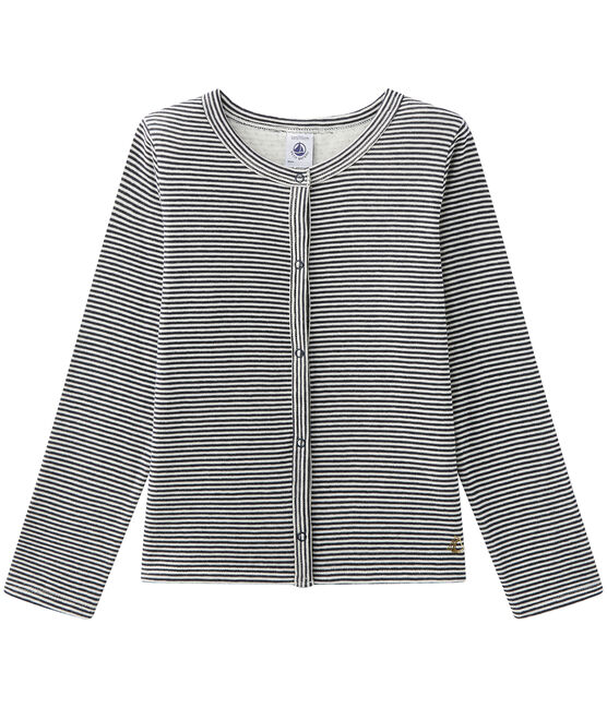 Cardigan fille en tubique rayé milleraies bleu SMOKING/beige COQUILLE