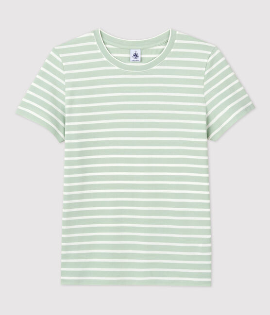 DE STRAIGHT-FIT, T-shirt voor dames met ronde hals in biokatoen groen HERBIER/ MARSHMALLOW
