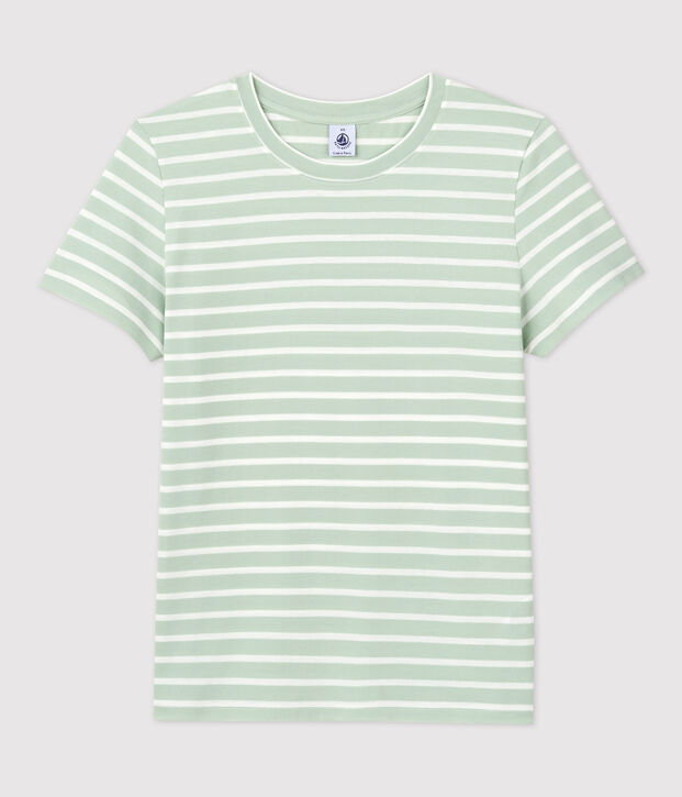 DE STRAIGHT-FIT, T-shirt voor dames met ronde hals in biokatoen groen/wit