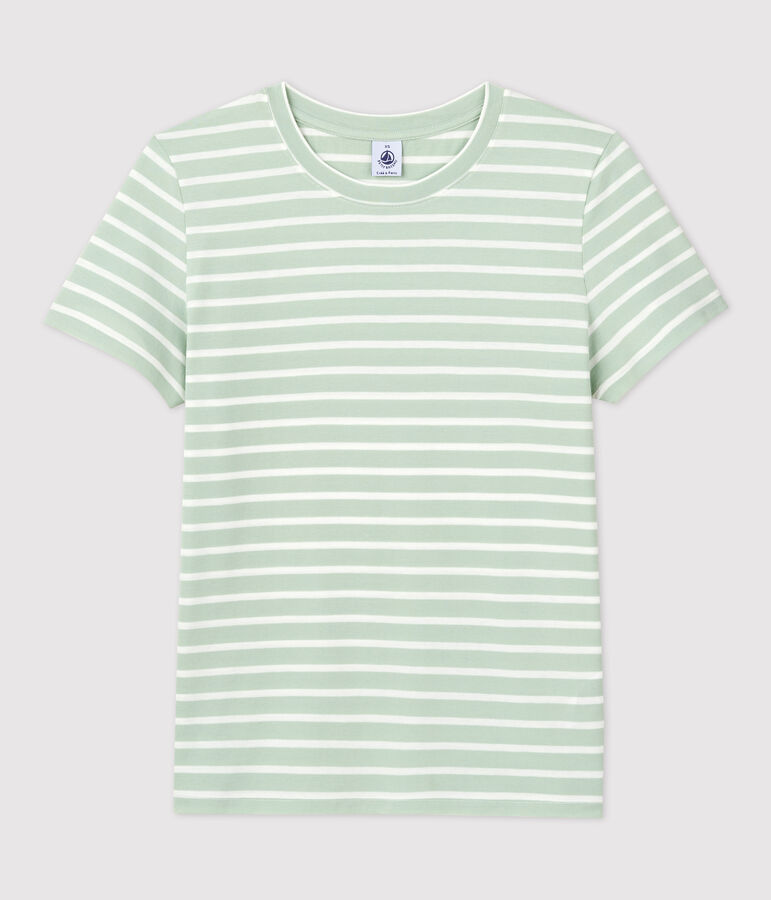 Tee-shirt LE DROIT col rond en coton bio Femme vert/blanc