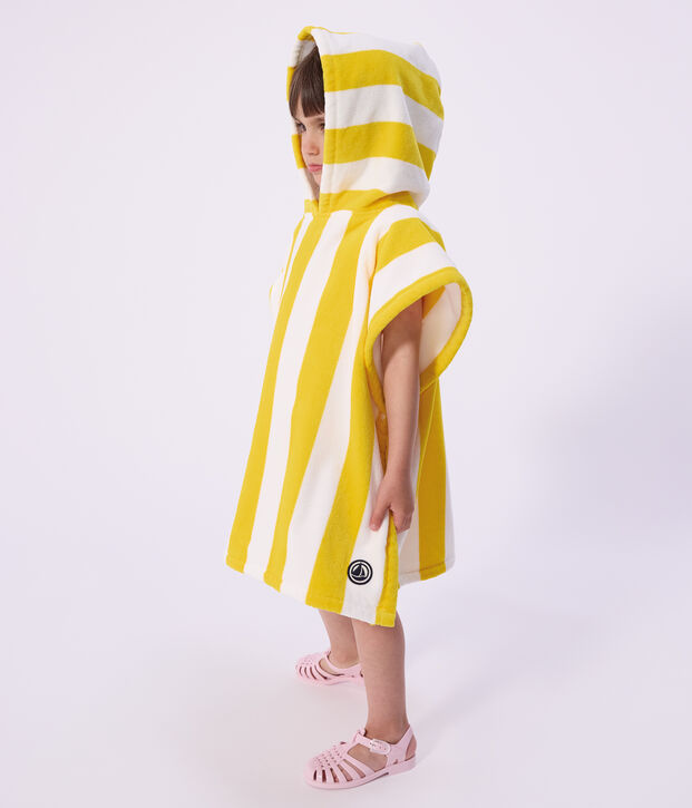 Poncho de bain enfant en coton &eacute;ponge &agrave; rayures jaune/blanc