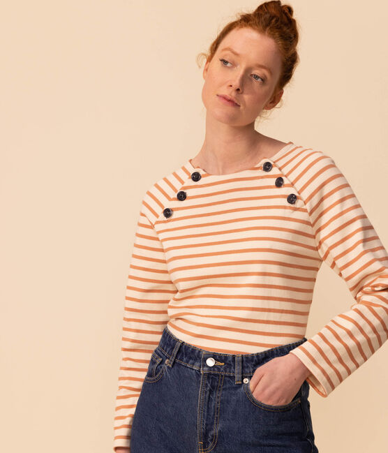 Marinière boutonnée en coton Femme rose AVALANCHE/blanc SIENNA