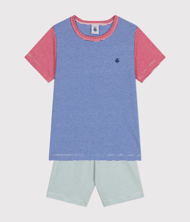 Pyjama short  en coton ray&eacute; enfant vert/multicouleur