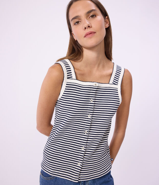 D&eacute;bardeur femme en coton &agrave; rayures bleu/blanc