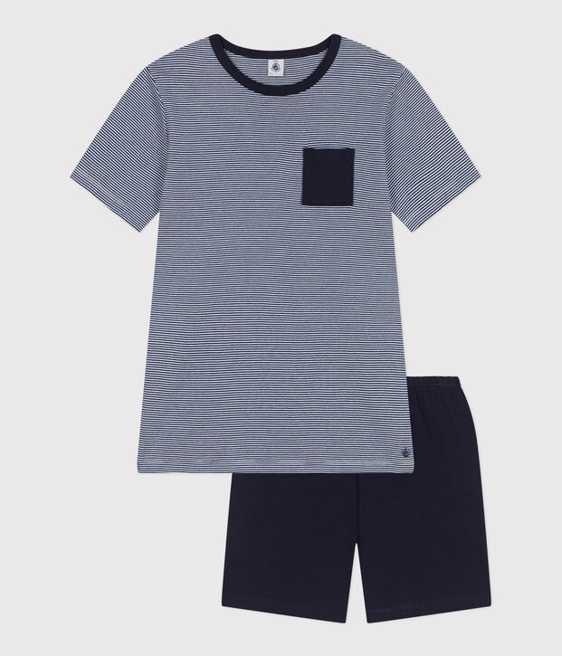 Korte katoenen kinderpyjama met streepjes blauw/multicouleur