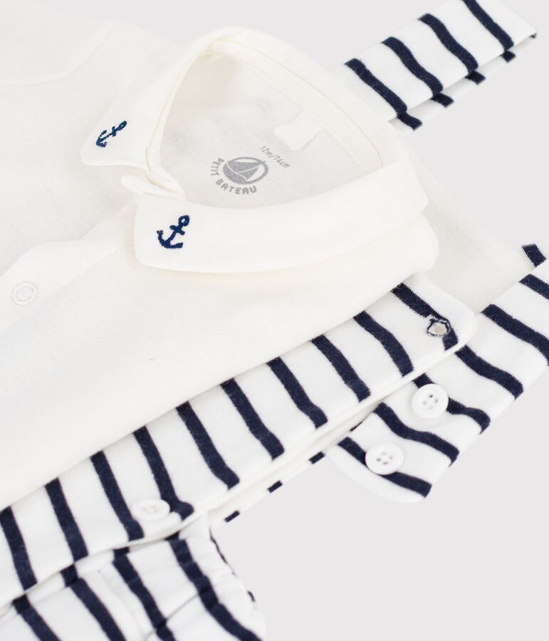 Ensemble 2 pi&egrave;ces b&eacute;b&eacute; en coton ray&eacute; et d&eacute;tails brod&eacute;s blanc/bleu