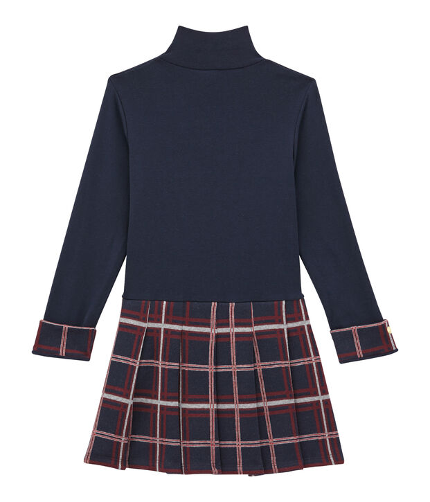 Meisjesjurk met rolkraag in 2 stoffen blauw/multicouleur
