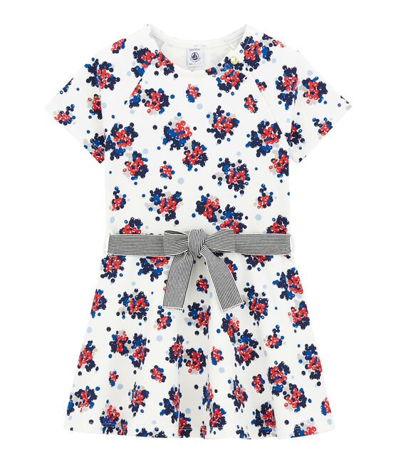 Meisjesjurk in molton met bloemendessin wit MARSHMALLOW/wit MULTICO