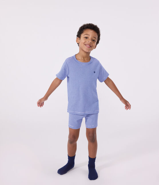 Korte katoenen kinderpyjama met streepjes blauw PERSE/wit MARSHMALLOW