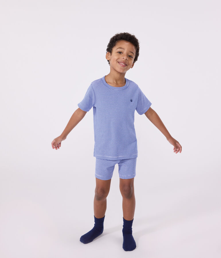 Pyjama short enfant en coton &agrave; rayures bleu/blanc