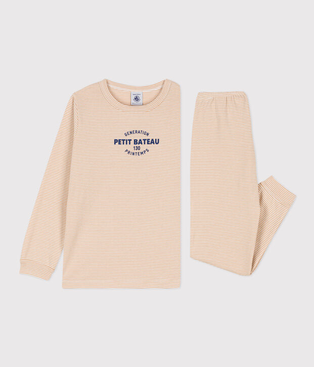 Pyjama ray&eacute; en coton enfant beige/blanc