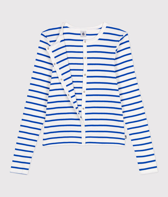 Effen katoenen damesvest wit MARSHMALLOW/blauw PERSE