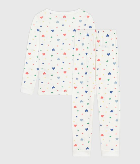 Pyjama enfant en coton jambes très ajustées imprimé cœurs blanc MARSHMALLOW/blanc MULTICO