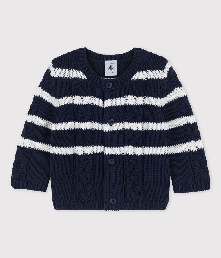 Babycardigan in gekabeld tricot blauw/wit