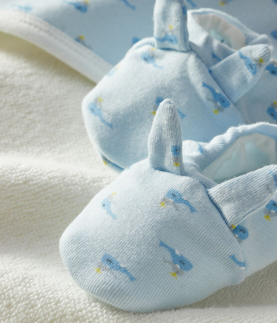 Coffret carré de bain et chaussons bébé en éponge et côte bleu FRAICHEUR/blanc MULTICO