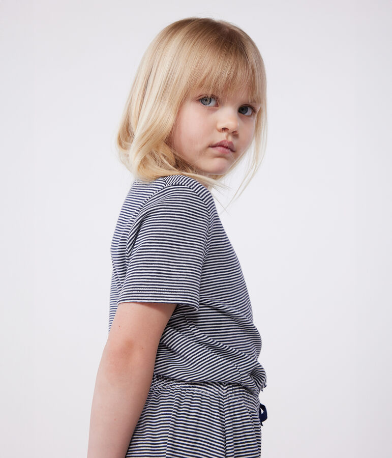 Katoenen gestreepte kinderpyjama met korte mouwen en wijde pijpen blauw/wit