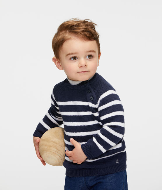 Pull laine et coton rayure bébé garçon bleu SMOKING/blanc MARSHMALLOW