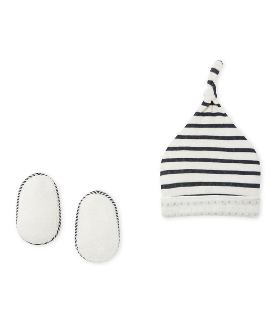 Ensemble bonnet de naissance et chaussons bébé beige COQUILLE/bleu SMOKING