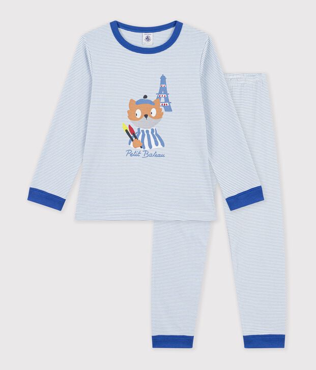 Pyjama enfant en coton &agrave; rayures bleu/blanc