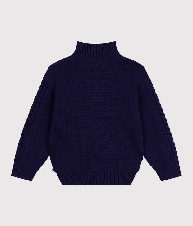Pull col camionneur enfant en coton uni bleu marine