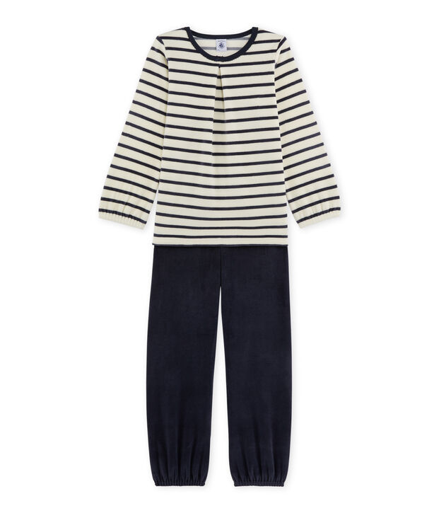 Meisjespyjama in boucl&eacute;fluweel wit/blauw