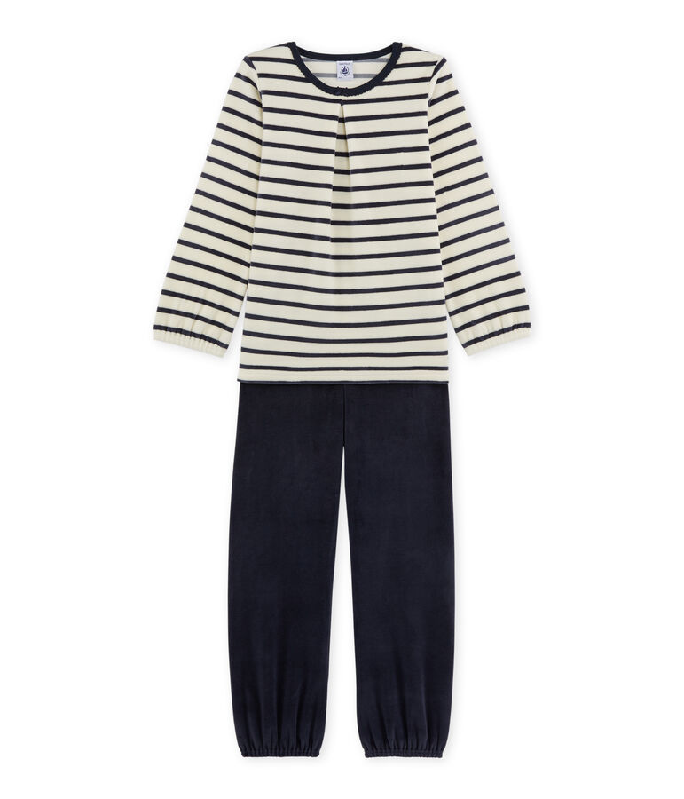Meisjespyjama in boucl&eacute;fluweel wit/blauw