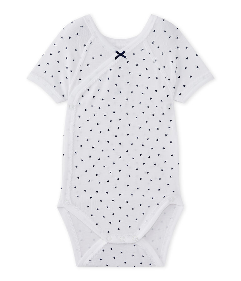Eerste body met korte mouwen en print voor meisjes wit/blauw