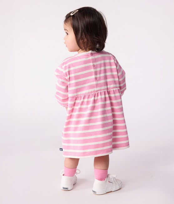 Gestreepte katoenen babyjurkje met lange mouw roze BOUDOIR/ MILK