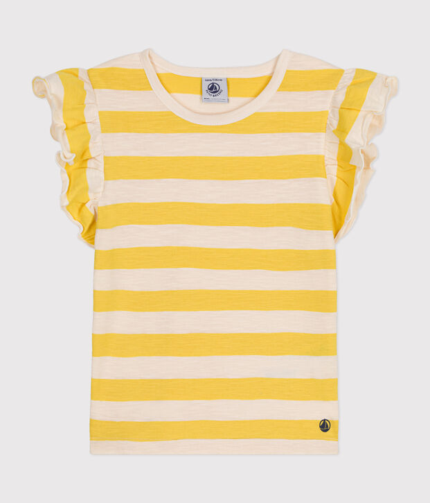 Gestreept T-shirt van gevlamde jersey voor meisjes geel/ecru
