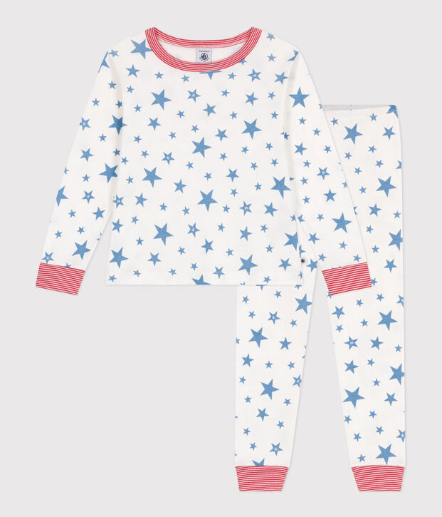 Katoenen kinderpyjama met sterrenprint wit/blauw