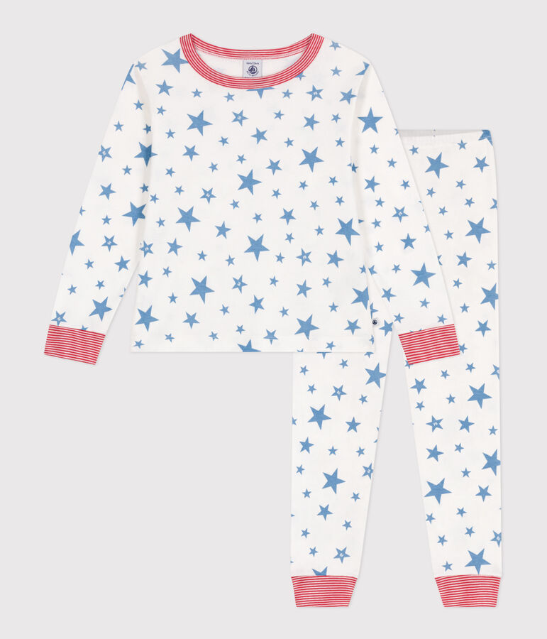 Pyjama enfant en coton imprim&eacute; &eacute;toiles blanc/bleu