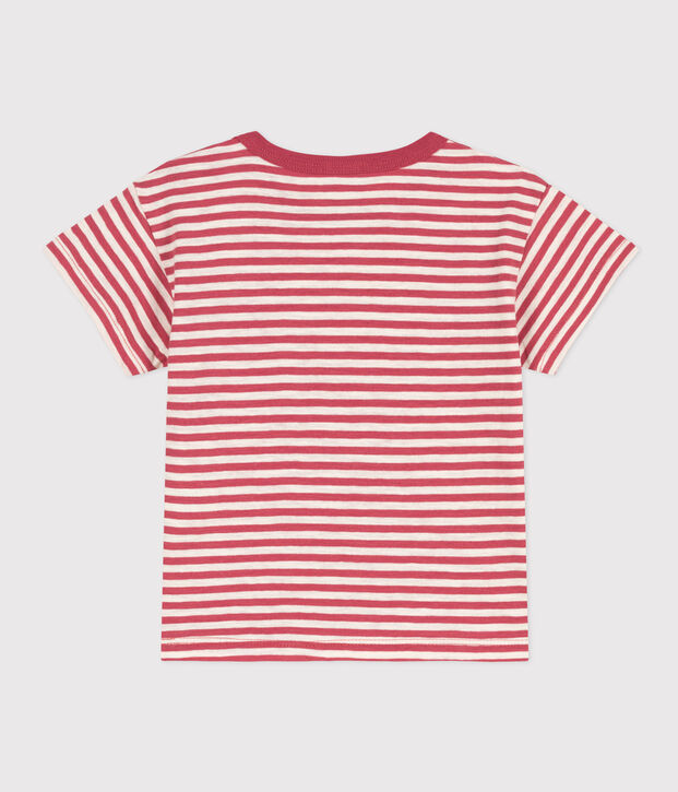 T-shirt met korte mouwen in gevlamde jersey met strepen voor baby's roze/ecru