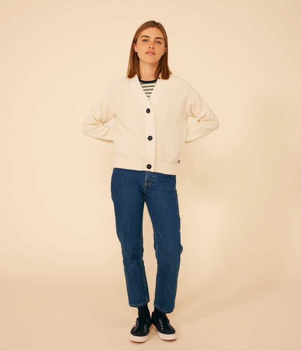 Cardigan en c&ocirc;te anglaise en coton femme &eacute;cru