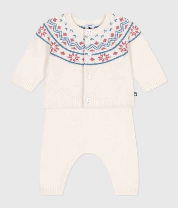 Ensemble 2 pi&egrave;ces b&eacute;b&eacute; cardigan jacquard en tricot blanc/rose