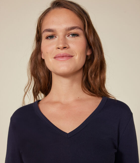 Dames-T-shirt L'Iconique met lange mouwen in effen ribstof voor dames blauw SMOKING